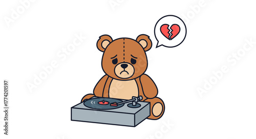 Lonely teddy bear playing mournful melodies on a vintage record player lamenting heartbreak