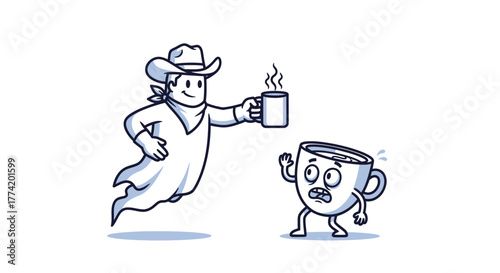 Cartoon illustration of a cowboy ghost offering a cup of hot coffee to a frightened coffee cup