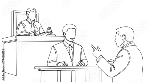 High-Quality Black Continuous Line Art of Witness Standing While Lawyer Questions, Judge Outlined in Courtroom Scene