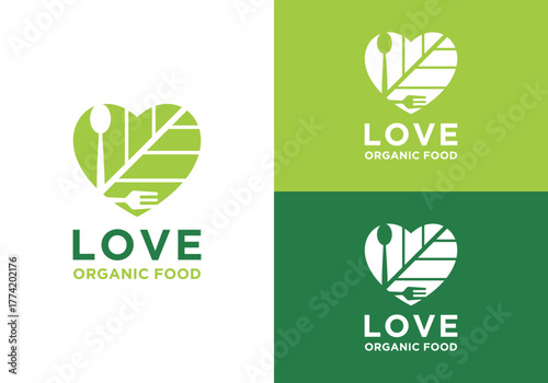Organic food love vector logo design template. Organic vegetarian logo, healthy diet food logo, green food love vector logo design