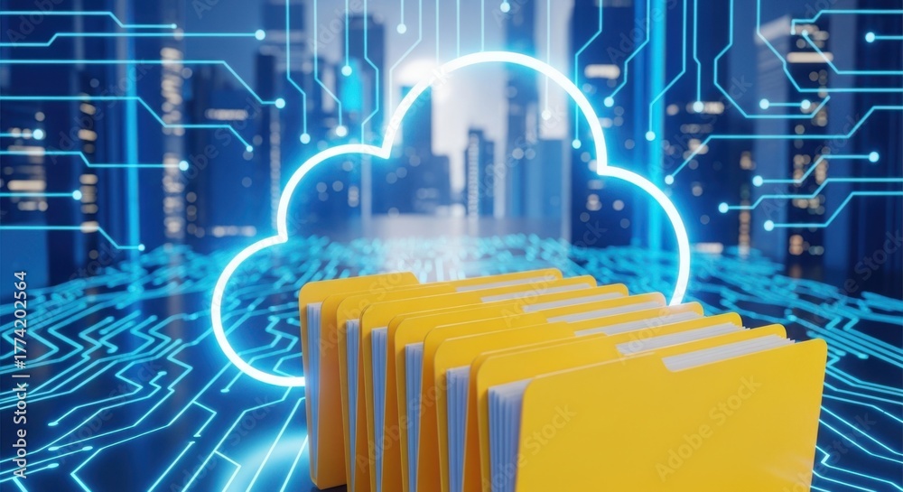 Fototapeta premium Abstract digital cloud city network with glowing circuitry and yellow object