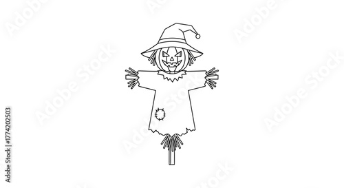 Whimsical scarecrow with pumpkin head and pointy hat, perfect for autumn crafting and decoration