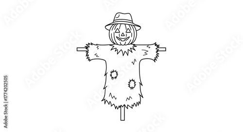 Outlined festive autumn scarecrow illustration dressed up with a pumpkin head and straw hat