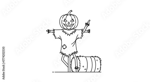 Line art scarecrow with pumpkin head next to straw bale for autumn harvest design spooky