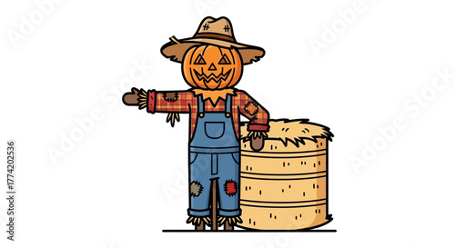Festive autumn scarecrow with pumpkin head and hay bale illustration art design