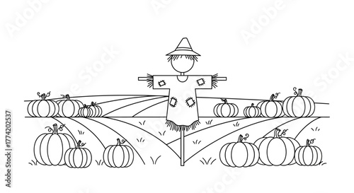 Whimsical autumn harvest drawing with friendly scarecrow and pumpkin patch scene