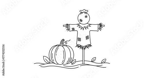 Delightful autumn line art featuring a pumpkin and a scarecrow in a simple field scene