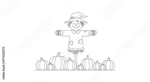 Simple line art depiction of a scarecrow figure and pumpkins for autumnal themes