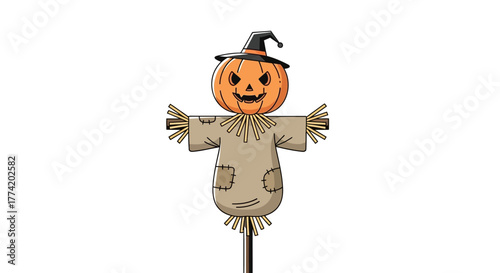 Cartoon illustration of a scarecrow with a pumpkin head wearing a halloween hat