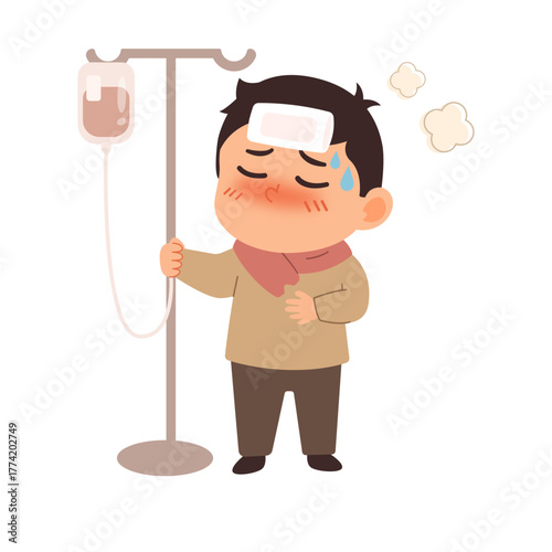 Illustration of Sick Boy with IV Drip