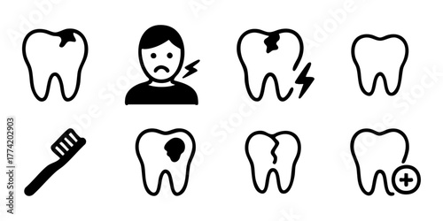 歯医者・虫歯アイコンセット（線画・フラットデザイン）	
