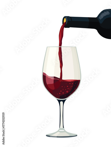 Red wine being poured from a bottle into a classic stemmed glass.