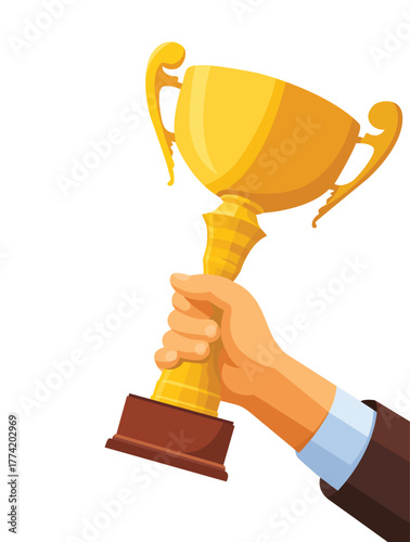 A hand proudly lifting a shiny gold trophy against a white background.