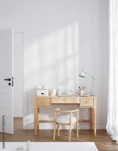 Wall mockup in teenager room, unisex interior, Scandinavian style, 3d render