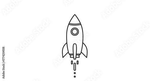 Conceptual outline drawing of a retro rocket taking off into the limitless sky exploration