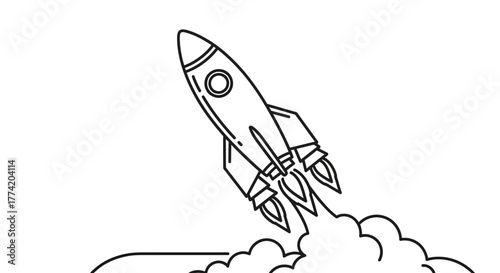 Simple Line Art Illustration of a Rocket Launching into Space with Smoke Trails