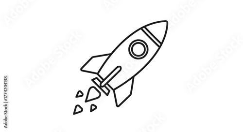 Conceptual outline illustration of a rocket launching into space exploration and futuristic
