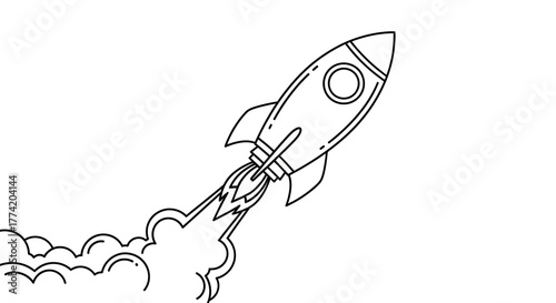 Line art illustration of a retro rocket ship launching into space with smoke trails