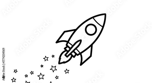Doodle style illustration of a space rocket with stars, concept of startup and exploration