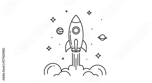 A stylized rocket taking off amidst stars and planets evoking exploration and potential