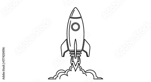 Line drawing of a rocket ship taking off, symbolizing exploration and adventure into space