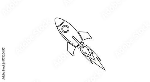 Stylized Outlined Rocket Launching into the Unknown with Bright Flames Depicted Artistically