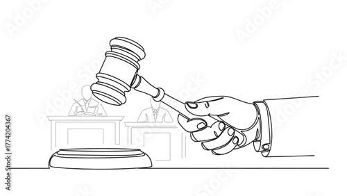 High-Quality Black Continuous Line Art of Judge’s Hand Holding Gavel Mid-Strike, Courtroom Outlined, Dramatic Clean Composition