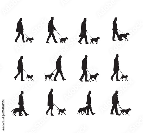 Silhouette of an adult man walking with a dog