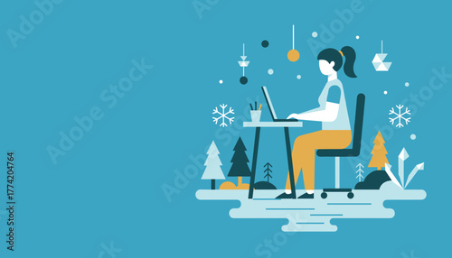 Digital nomad working remotely on a laptop in a stylized winter environment
