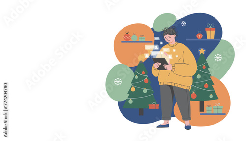 Overwhelmed person with holiday stress checking social media notifications on a digital tablet