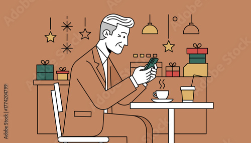 Man in suit uses phone in a festive coffee shop surrounded by gifts and enjoying a break