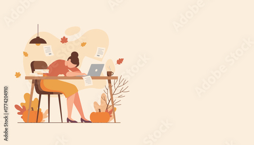 Overworked woman asleep at her laptop amidst autumn leaves and pumpkins