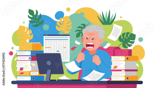 Senior man stressed and shouting at his desk overwhelmed by paperwork Burnout