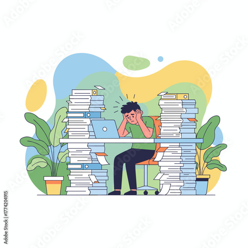 Burnout concept A tired worker struggles with massive paperwork and looming deadlines