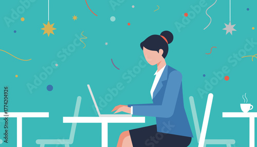 Female professional works on laptop in a vibrant festive cafe setting Modern remote work illustration