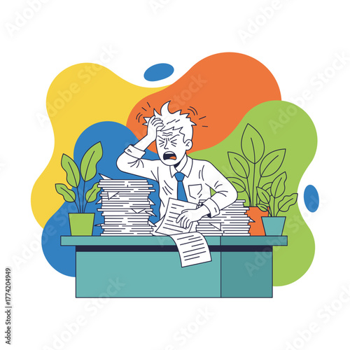 Stressed office worker overwhelmed by huge stack of paperwork Workload and deadline pressure concept
