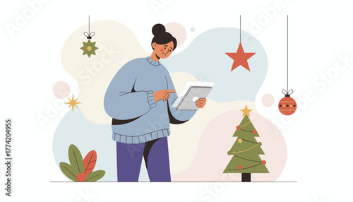 Frowning woman browsing on a tablet next to a festive Christmas tree