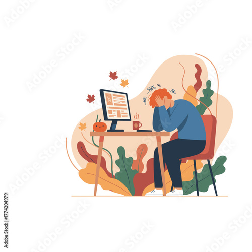Stressed person at desk with computer symbolizing autumn work burnout and mental fatigue
