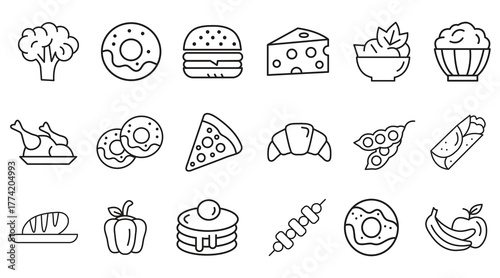 Food and Meat Line Icons Set — Breakfast, Lunch, Dinner, and Fast Food Collection.eps