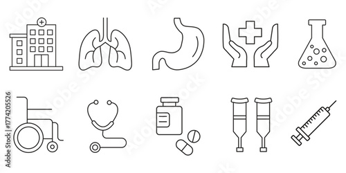 Hospital Icon Set – Medical, Health Care, and Clinic Line Vector Collection
