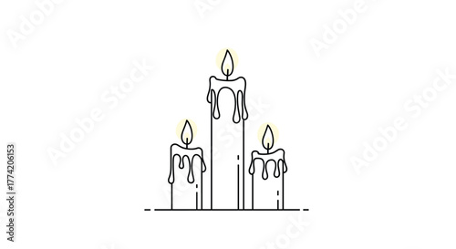 A stylized line art illustration features three lit candles of different heights with visible melted wax dripping down their sides, on a clean white background.