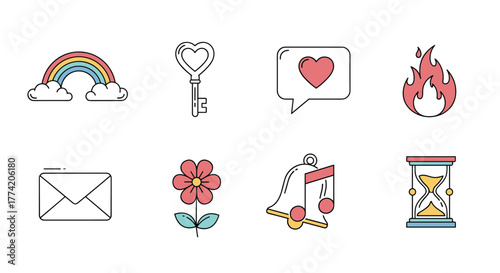 A set of charming colorful outline icons featuring a rainbow, heart key, love message, fire, mail, flower, musical bell, and hourglass.