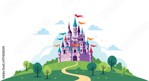 A vibrant, whimsical fairy tale castle with flags and turrets stands on a green hill with a winding path and trees, under a magical sky.