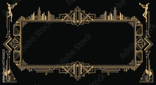 Elegant Art Deco frame featuring a golden geometric design, city skyline, and jazz-era flapper musicians against a dark background.