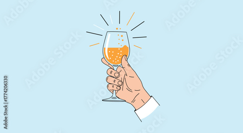 A hand holding up a sparkling glass of champagne or beer, ready for a celebratory toast, against a light blue background.