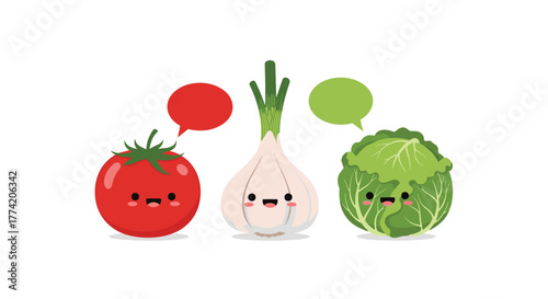 A cheerful lineup of animated vegetables, including a tomato, garlic, and cabbage, each with an empty speech bubble, isolated on white.