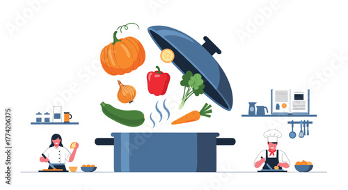 Two chefs, a man and a woman, prepare a healthy meal with fresh vegetables, which are shown falling into a large pot for cooking.