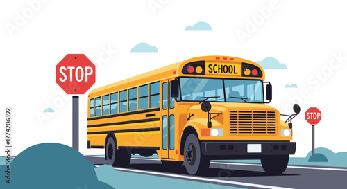 A classic yellow school bus pauses on a road, flanked by prominent stop signs, ready for student pick-up or drop-off.