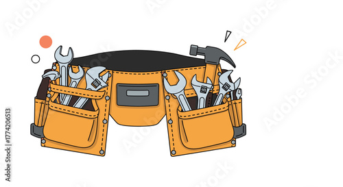 An illustration of a bright orange and black tool belt packed with essential hand tools like wrenches and a hammer, representing repair, maintenance, and construction.