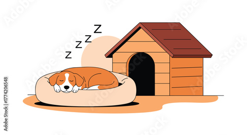 A cute brown and white dog peacefully sleeps in its comfortable bed next to a wooden dog house outdoors.